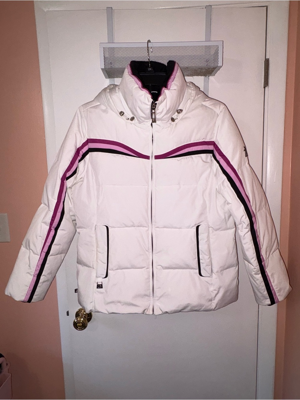 ZeroXposur White Puffer Jacket with Pink Stripe Accents